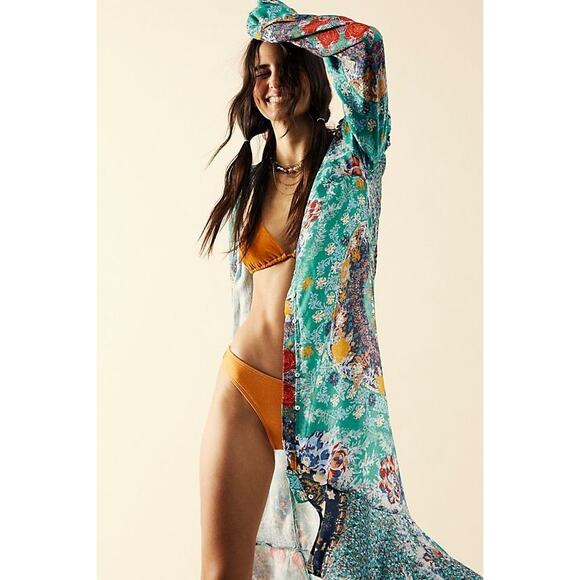 New Free People Marais Floral Printed Ruffled Midi Dress $168 X-SMALL Green Boho